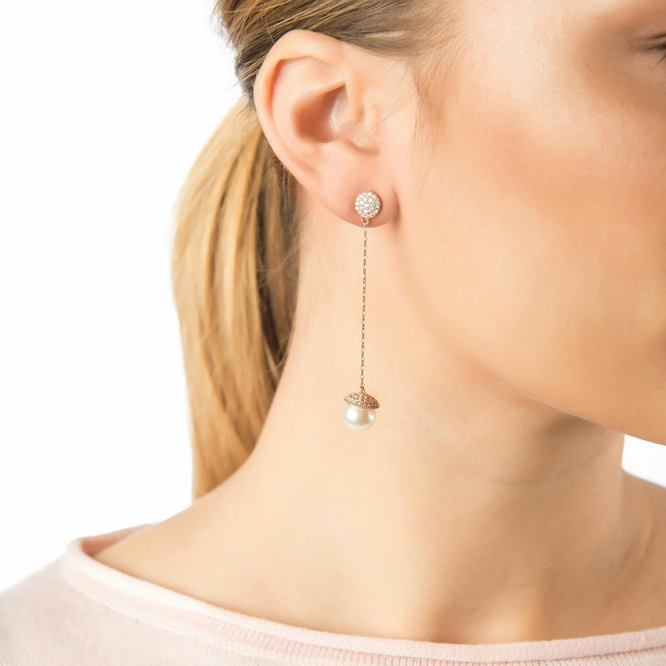Long Drop Earrings - Rose Gold - Pearl by Latelita