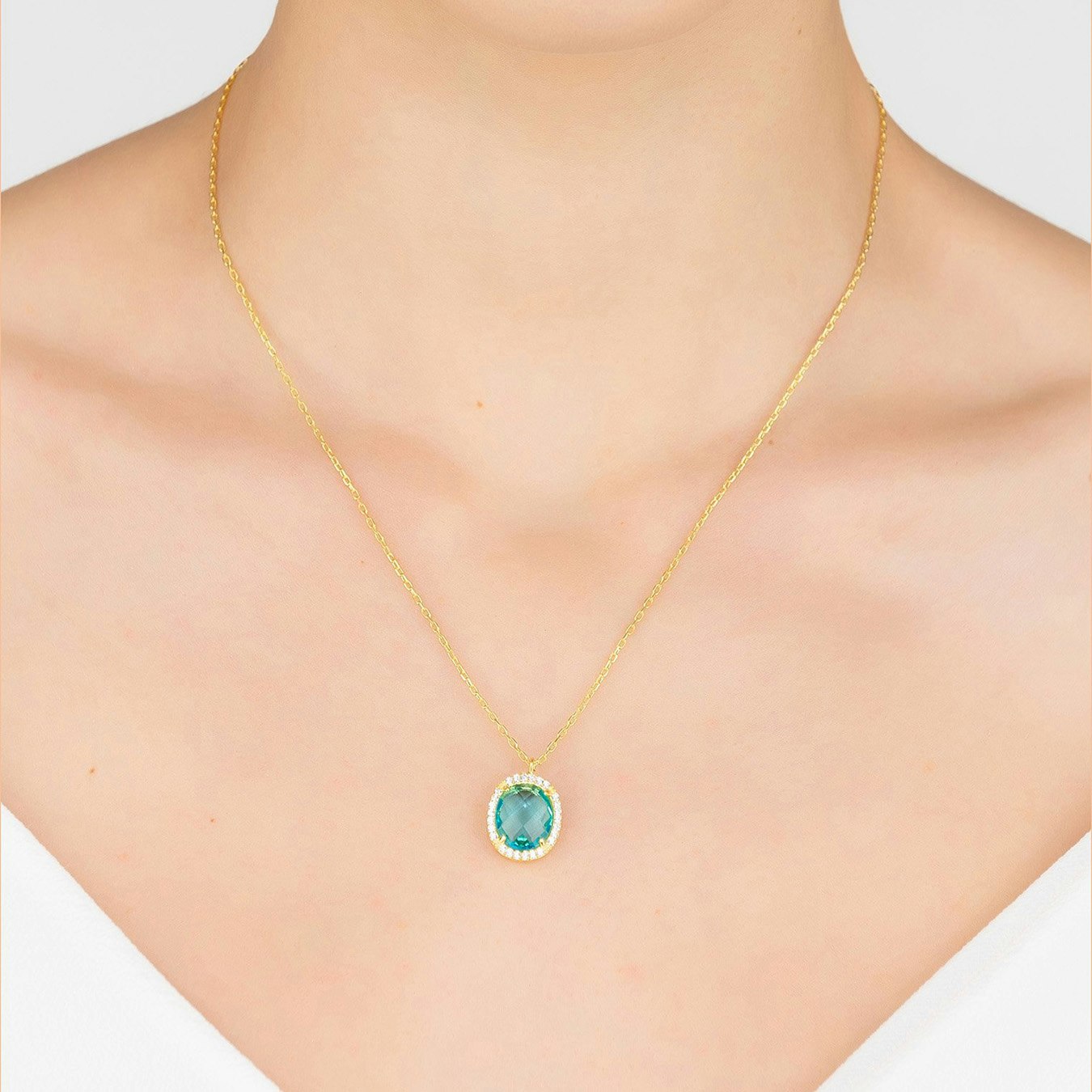 Beatrice Oval Gemstone Pendant Necklace - Gold / Blue - Topaz Hydro by Latelita