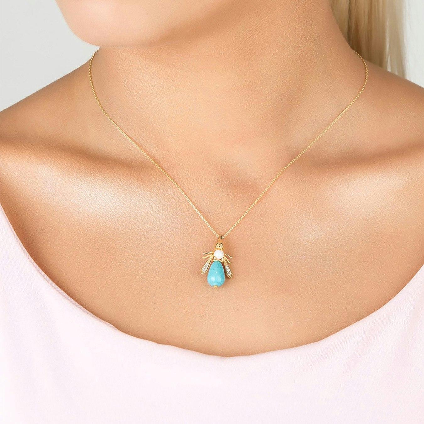 Bee Gemstone Pendant Necklace - Gold - Turquoise / Pearl by Latelita