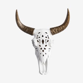 Faux Tribal Cow Skull - White / Bronze