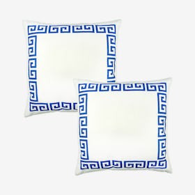 Geometric Greek Key Square Throw Pillow Covers - White / Blue - Set of 2