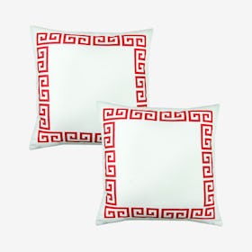 Geometric Greek Key Square Throw Pillow Covers - White / Red - Set of 2