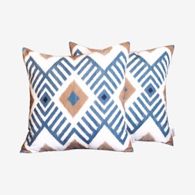 Ikat Square Decorative Throw Pillow Covers - Blue / Ivory - Set of 2