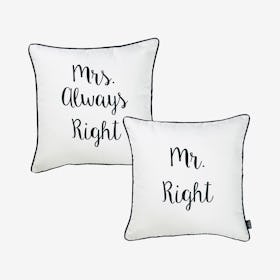 Skandi Mrs. Right and Mr. Right Square Throw Pillow Covers - White / Black - Set of 2