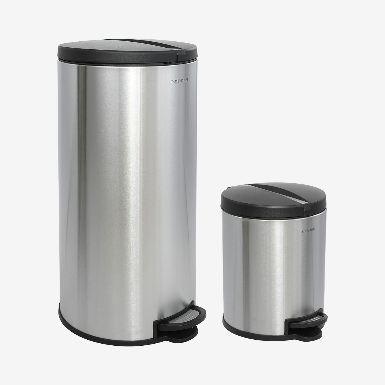 Oscar Round Step-Open Trash Cans - Black / Silver - Iron - Set of