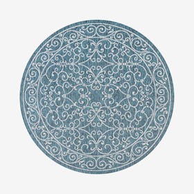 Charleston Textured Weave Indoor / Outdoor Round Area Rug - Teal / Gray