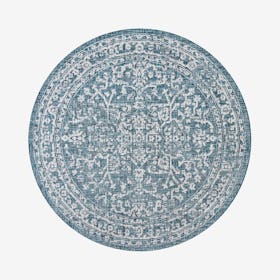 Malta Medallion Textured Weave Indoor / Outdoor Round Area Rug - Teal / Gray