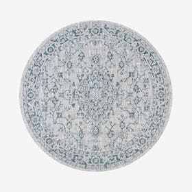 Rozetta Medallion Textured Weave Indoor / Outdoor Round Area Rug - Gray / Teal