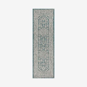 Sinjuri Medallion Textured Weave Indoor / Outdoor Runner Rug - Teal Blue / Gray