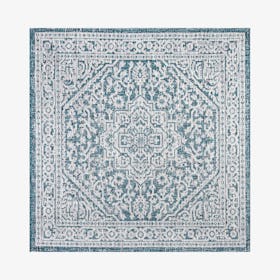 Sinjuri Medallion Textured Weave Indoor / Outdoor Square Area Rug -Teal Blue / Gray