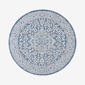 Sinjuri Medallion Textured Weave Indoor / Outdoor Round Area Rug - Navy / Gray