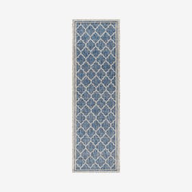 Trebol Moroccan Trellis Textured Weave Indoor / Outdoor Runner Rug - Navy / Gray