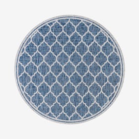 Trebol Moroccan Trellis Textured Weave Indoor / Outdoor Round Area Rug - Navy / Gray