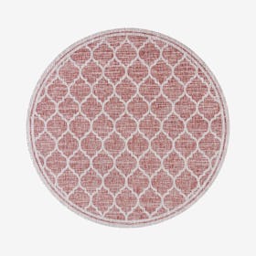 Trebol Moroccan Trellis Textured Weave Indoor / Outdoor Round Area Rug - Red / Beige