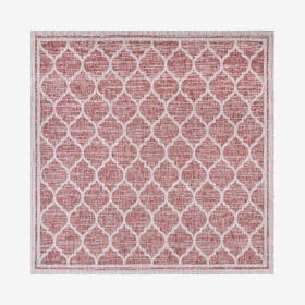 Trebol Moroccan Trellis Textured Weave Indoor / Outdoor Square Area Rug - Red / Beige