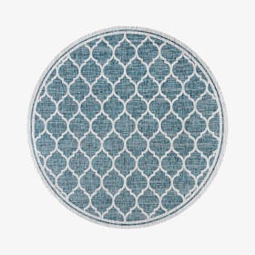 Trebol Moroccan Trellis Textured Weave Indoor / Outdoor Round Area Rug - Teal / Gray