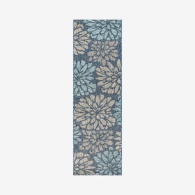 Zinnia Floral Textured Weave Indoor / Outdoor Runner Rug - Navy / Aqua