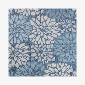 Zinnia Floral Textured Weave Indoor / Outdoor Square Area Rug - Navy / Aqua