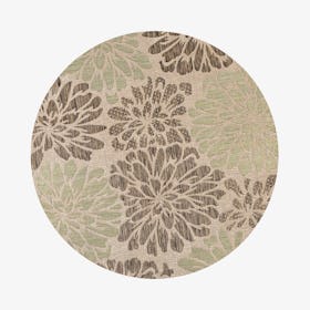 Zinnia Floral Textured Weave Indoor / Outdoor Round Area Rug - Sage / Brown