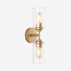 Giles 2-Light Farmhouse Iron Cylinder Vanity Light - Brass Gold / Clear