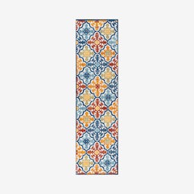 Cassis Ornate Ogee Trellis High-Low Indoor Outdoor Runner Rug - Blue / Multicolour