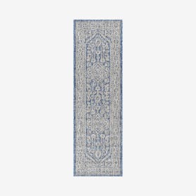 Sinjuri Medallion Textured Weave Indoor/Outdoor Runner Rug - Navy / Grey