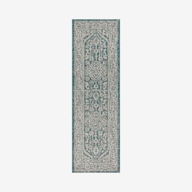 Sinjuri Medallion Textured Weave Indoor/Outdoor Runner Rug - Teal Blue / Grey