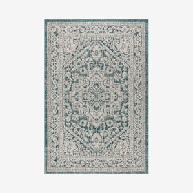 Sinjuri Medallion Textured Weave Indoor/Outdoor Area Rug - Teal Blue / Grey