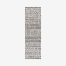 Ourika Moroccan Geometric Textured Weave Indoor / Outdoor Runner Rug - Light Grey / Navy