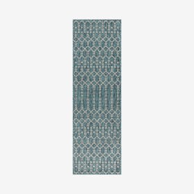 Ourika Moroccan Geometric Textured Weave Indoor / Outdoor Runner Rug - Teal / Grey