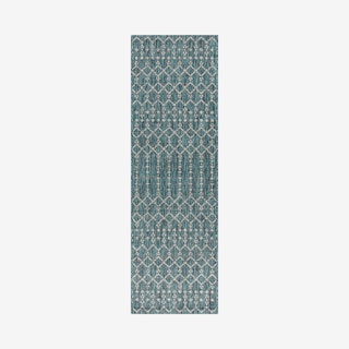 Ourika Moroccan Geometric Textured Weave Indoor / Outdoor Runner Rug - Teal / Grey