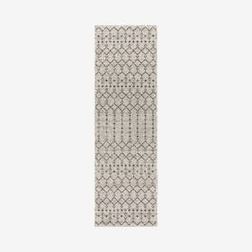 Ourika Moroccan Geometric Textured Weave Indoor / Outdoor Runner Rug - Light Grey / Black