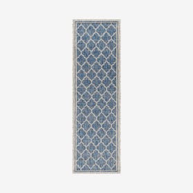Trebol Moroccan Trellis Textured Weave Indoor / Outdoor Runner Rug - Navy / Grey