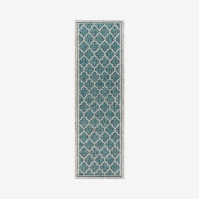 Trebol Moroccan Trellis Textured Weave Indoor / Outdoor Runner Rug - Teal / Grey