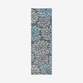 Zinnia Modern Floral Textured Weave Indoor / Outdoor Runner Rug - Navy / Aqua