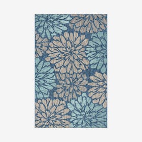 Zinnia Modern Floral Textured Weave Indoor / Outdoor Area Rug - Navy / Aqua
