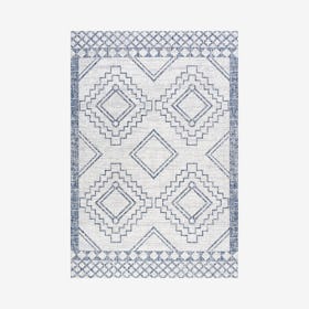 Marokko Diamond Tribal Medallion Indoor / Outdoor Area Rug - Ivory / Blue