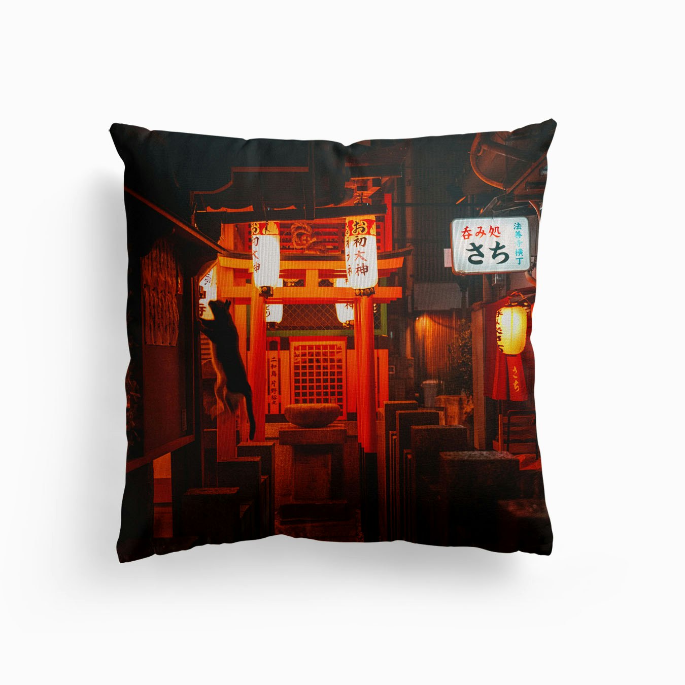 Ninja Kitty And Japanese Tori Canvas Cushion by Gypsy In A Spacesuit