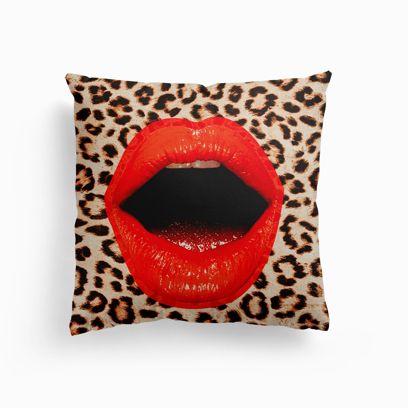 Red Leopard Print Lips Canvas Coussin
