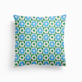 Floral Checker Green Blue Canvas Cushion
