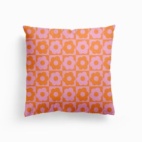 Floral Checker Orange Pink Canvas Cushion