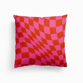 Warped Checker Pink Red Canvas Cushion