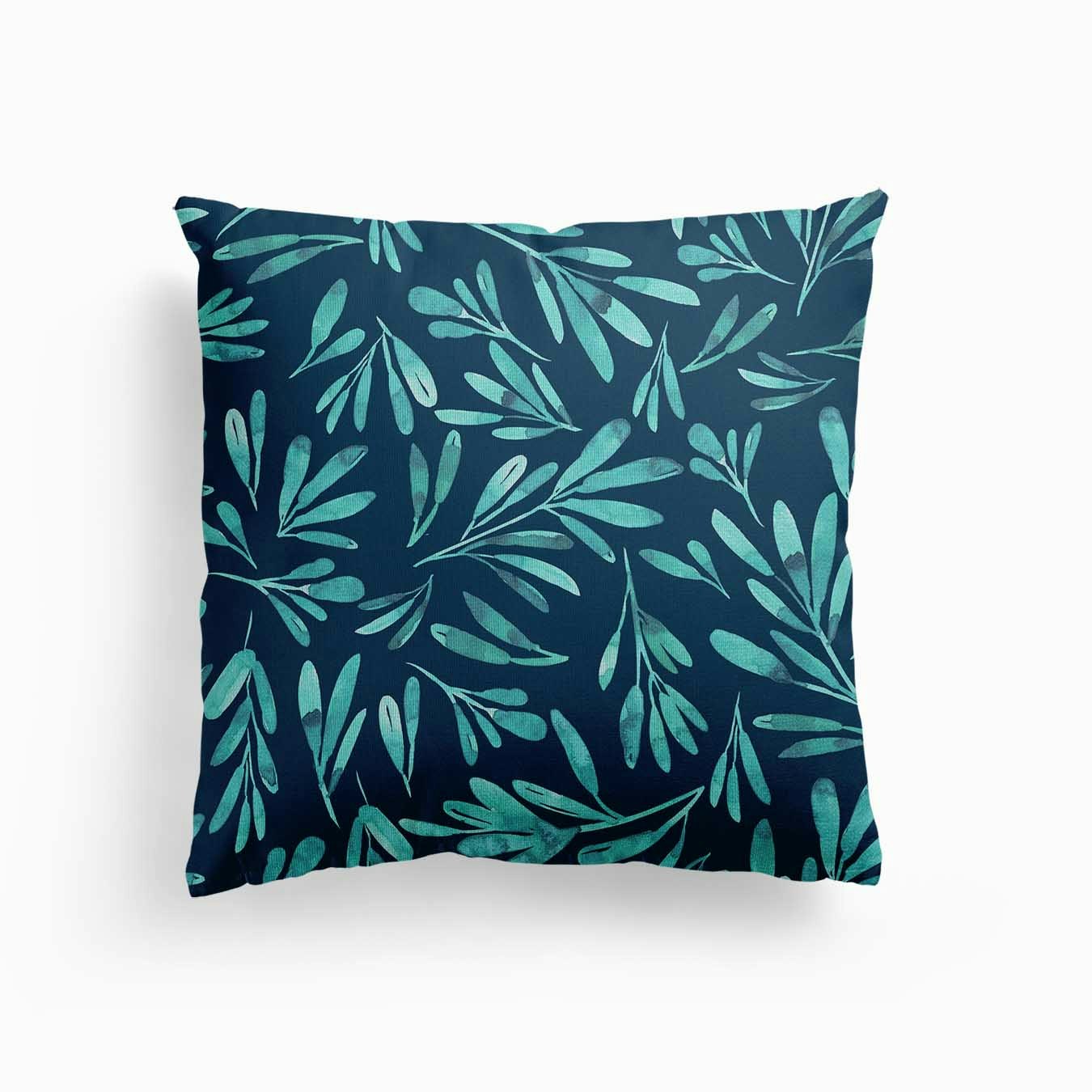 Teal Leaves Canvas Cushion by Gush Art Studio