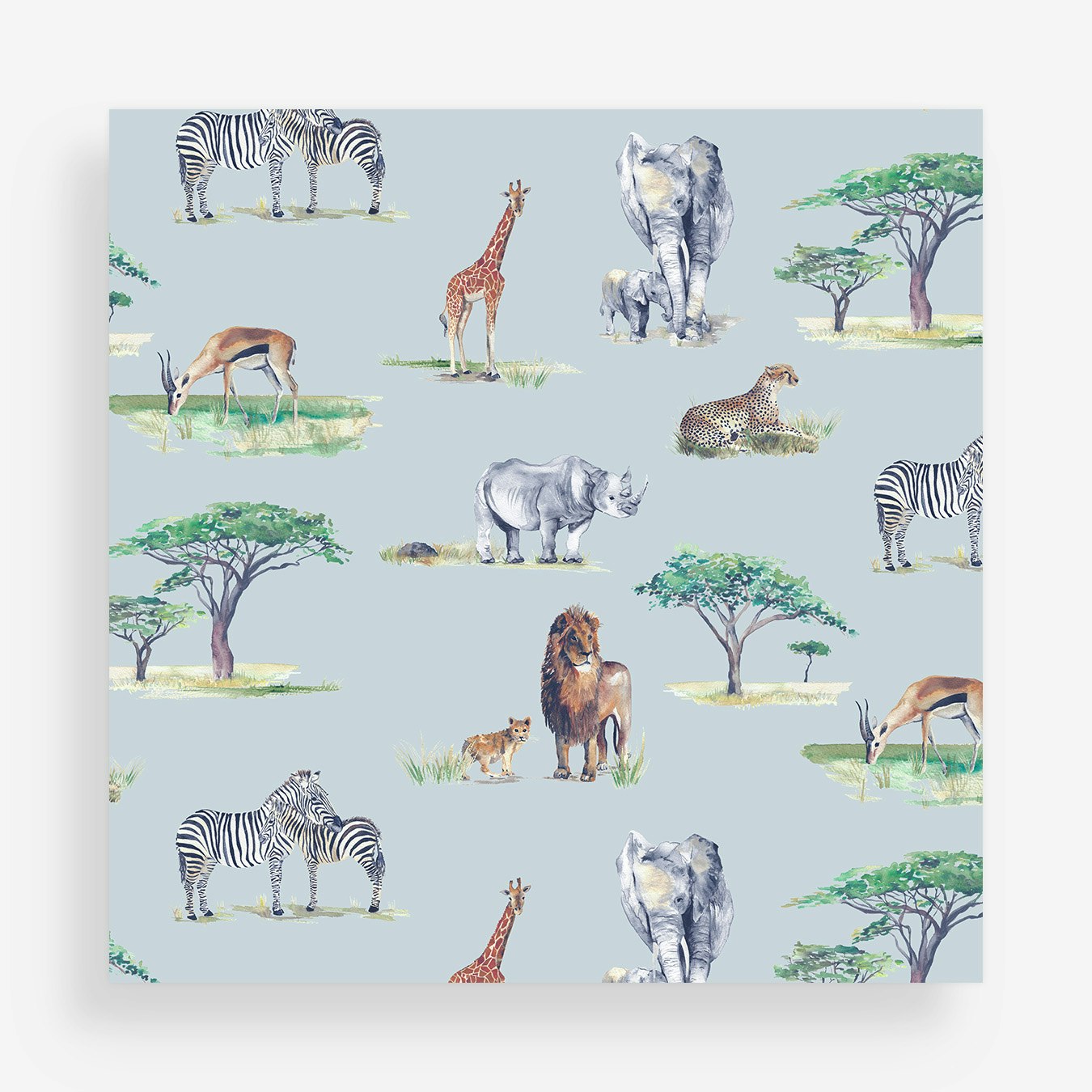 Safari Animals Children's Wallpaper - Sky Blue by Katie Hipwell