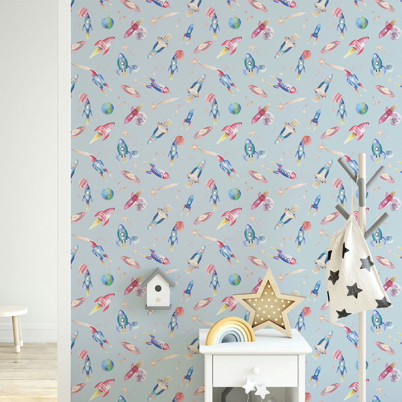 Rockets Children's Wallpaper - Blue by Katie Hipwell