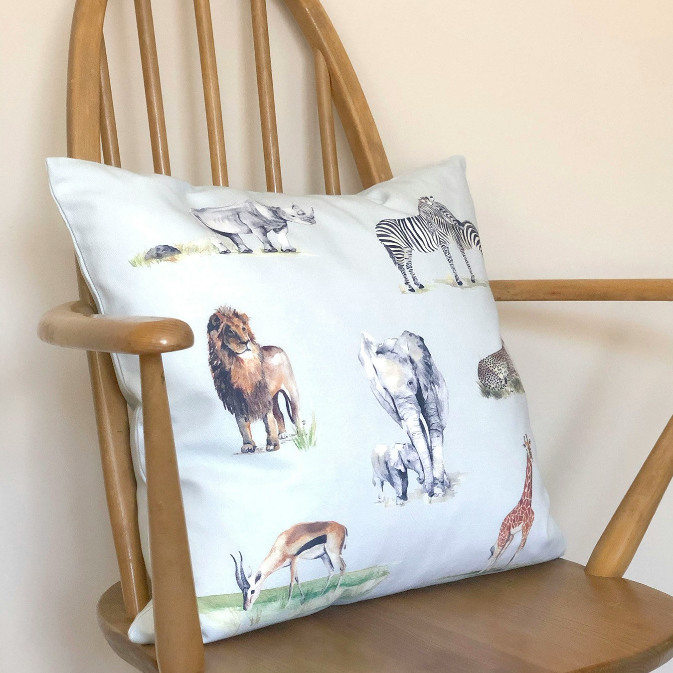 Safari Animals Square Cushion - Sky Blue by Katie Hipwell