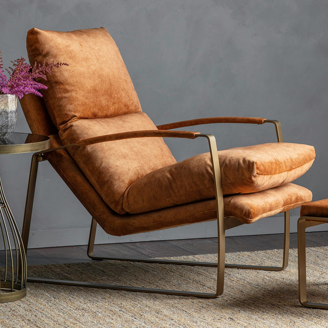 Lounger Ochre faux suede, Brass metal finish by E.S. Designs