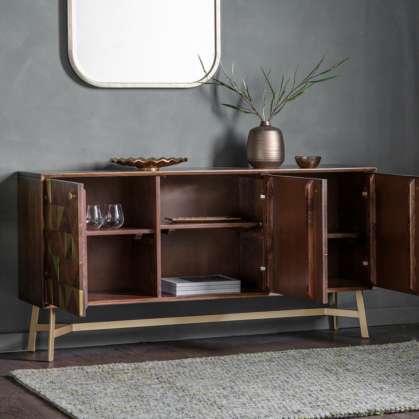 Geometric 3-Door Sideboard with Brass legs by E.S. Designs