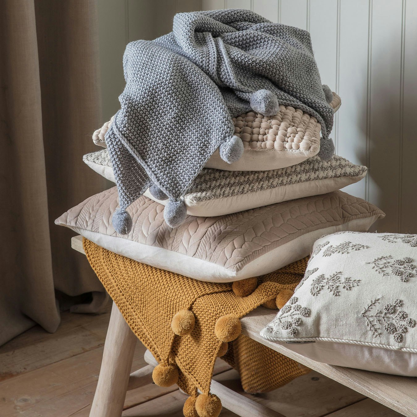 Moss Stitched Pom Pom Throw - Grey by E.S. Designs