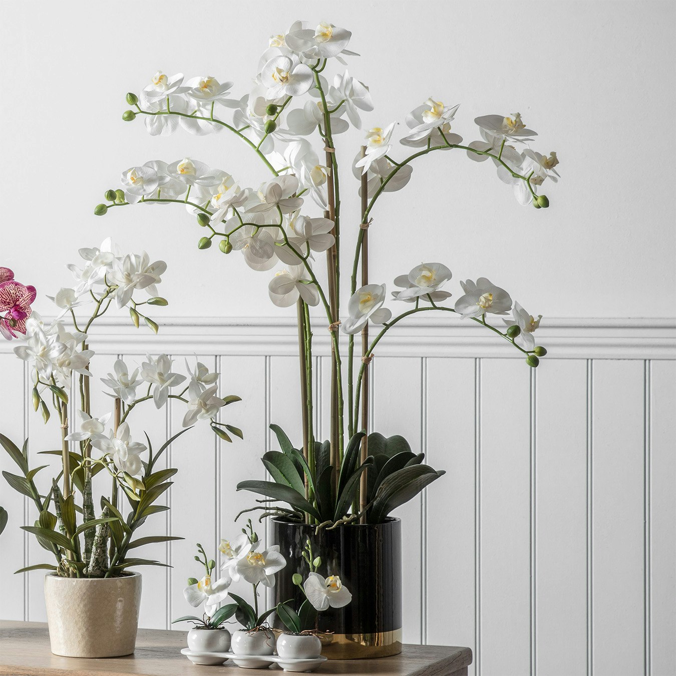 Artificial White Orchid with Black & Gold Pot by E.S. Designs